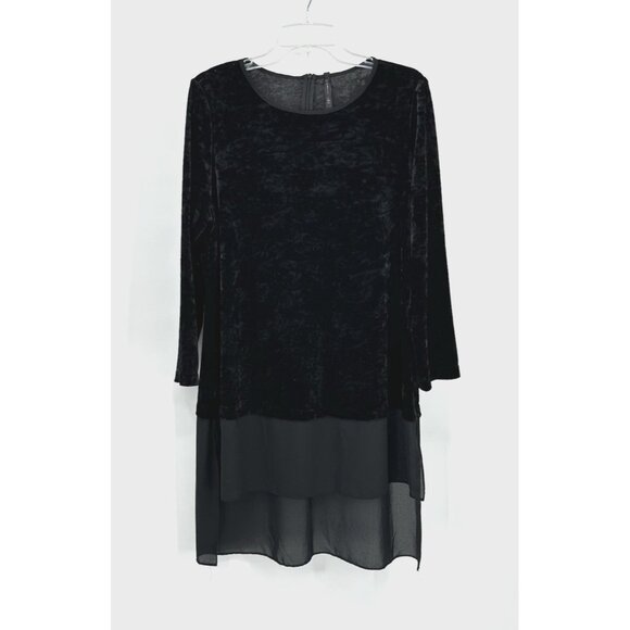 IC BY CONNIE K shirt top blouse tunic crushed velvet velour sheer black LARGE - Picture 1 of 8